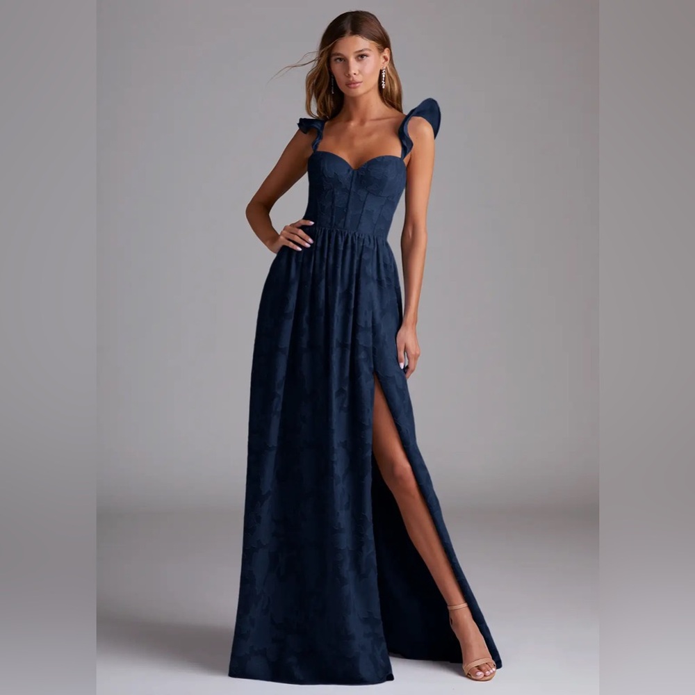 Azazie Denisse Dark Navy A-Line Ruched Floral Burnout Dress